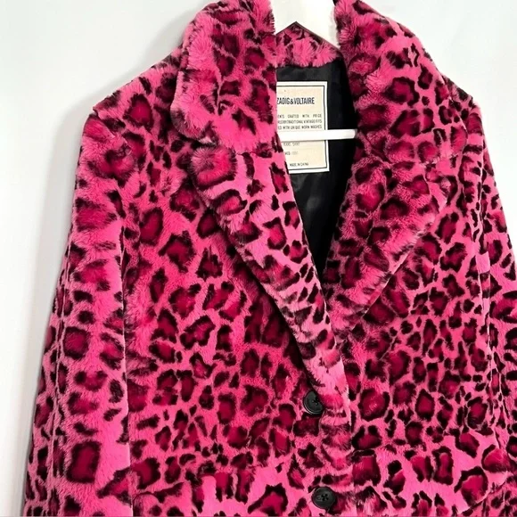 Zadig & Voltaire Pink Leopard Faux Fur Coat XS - Picture 4 of 10